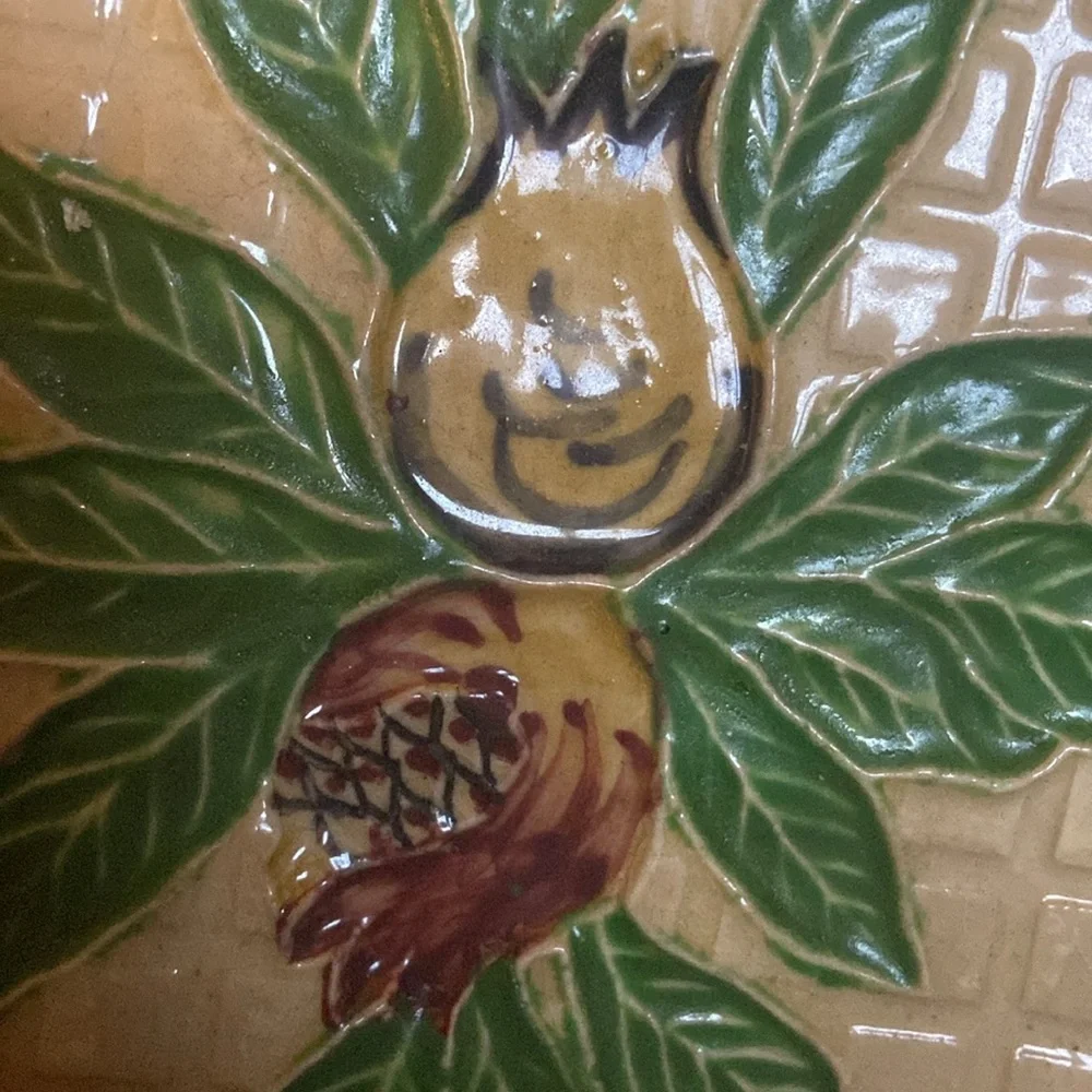Vintage pair of pottery style plates leaves fruit